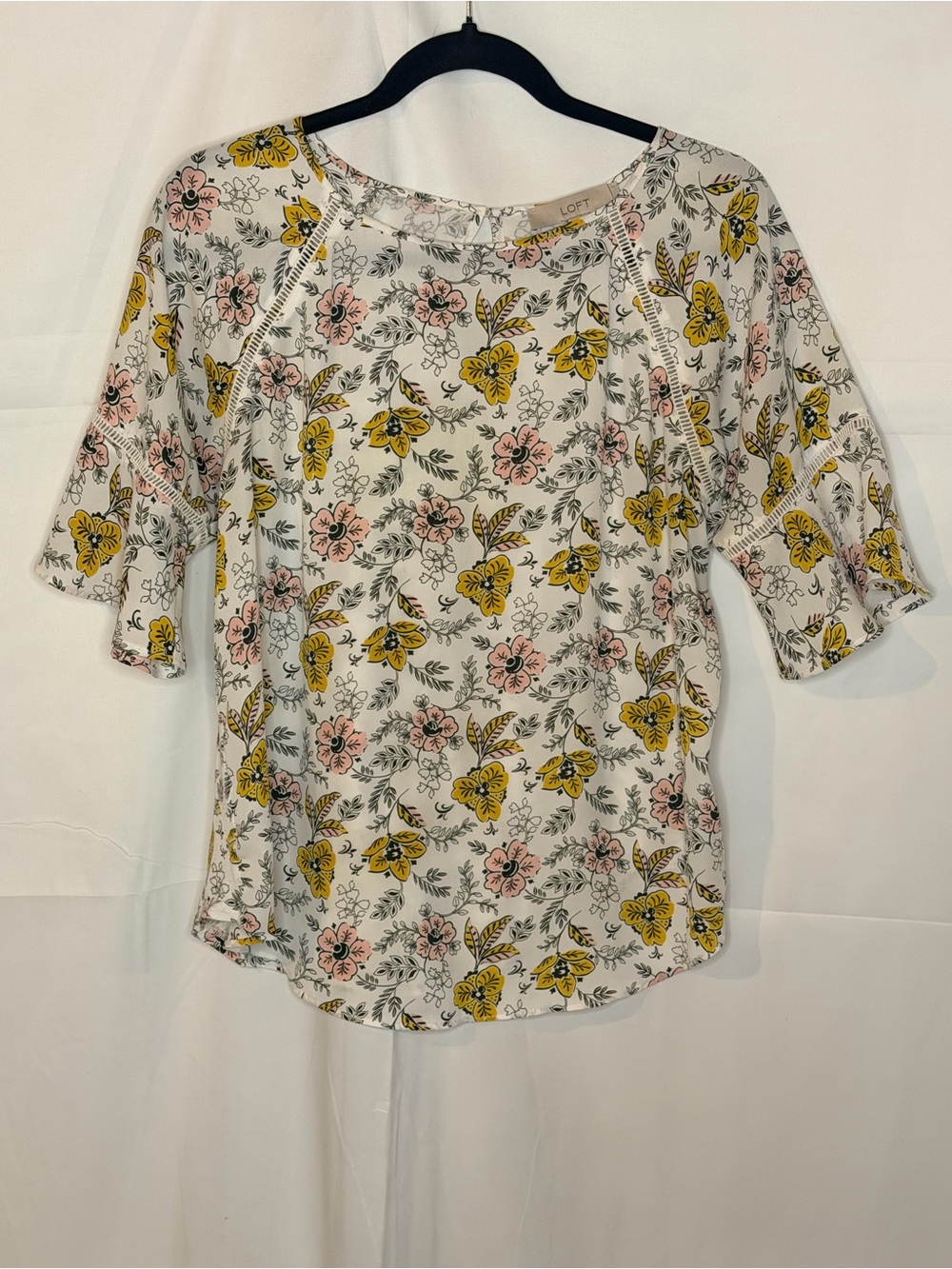 LOFT White Floral Scoop-Neck Blouse with Yellow and Pink Flowers